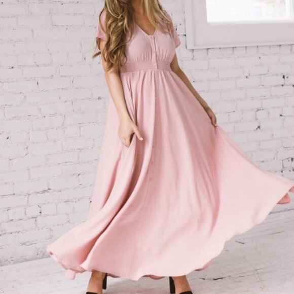 JessaKae Adelaide Smocked Maxi Dress Pink Button Front - Picture 1 of 10